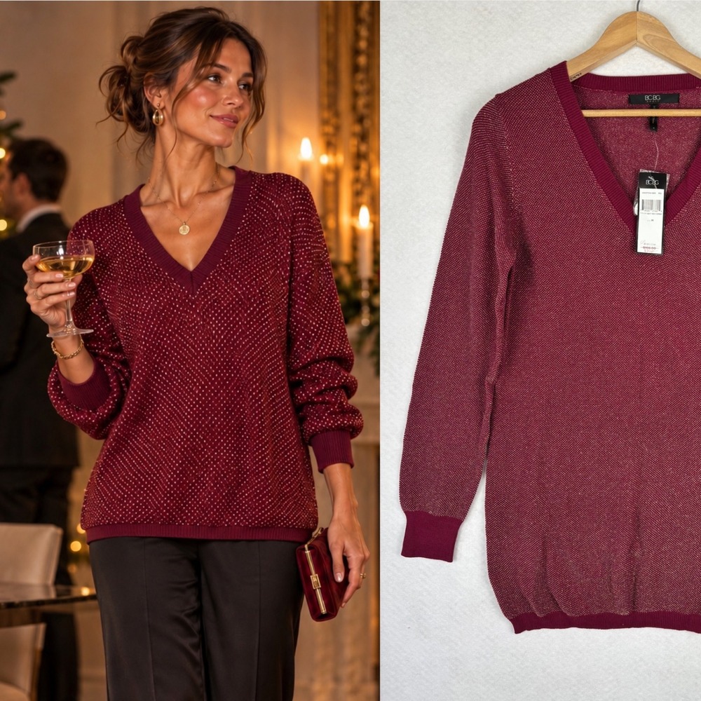 BCBG Paris Metallic V-Neck Sweater Size M Raspberry Red Holiday Party Tunic